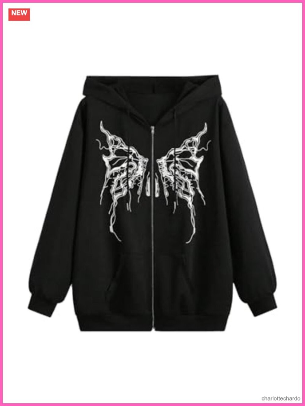 Y2k Zip Up Graphic Hoodie Butterfly Print Pockets Long Sleeve